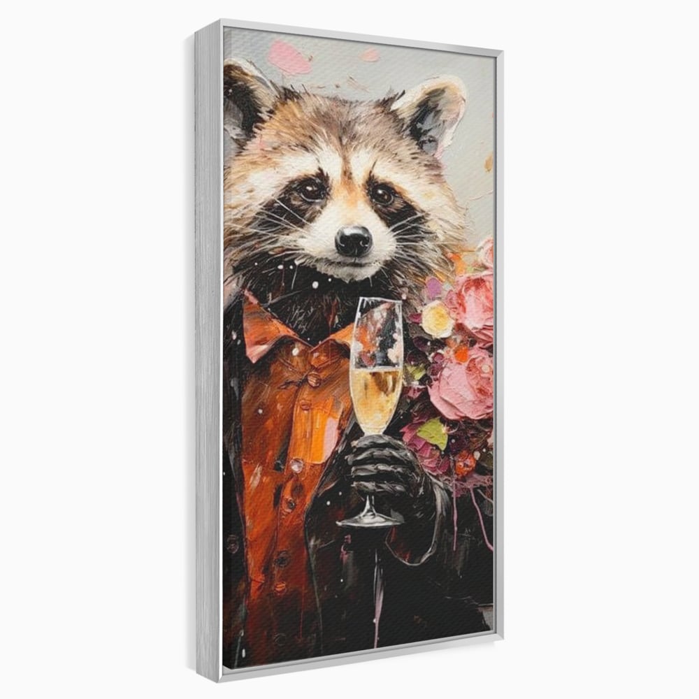 Tablou canvas cu tablou canvas cu raton elegant tinand pahar de sampanie, in rama de aluminiu argintiu